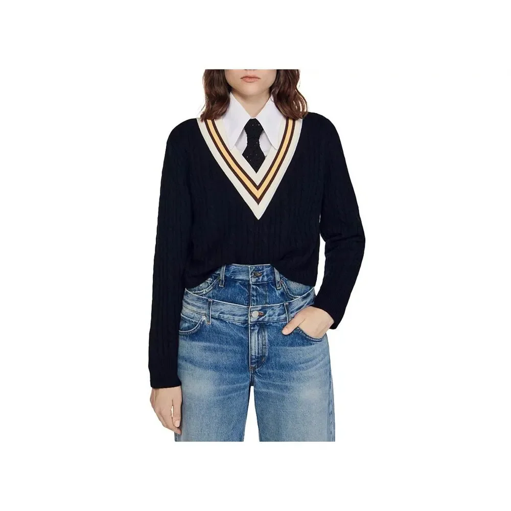 Sandro Contrast Stripe Cable Knit V-Neck Sweater in Navy White & Yellow Size 4 - Picture 3 of 15